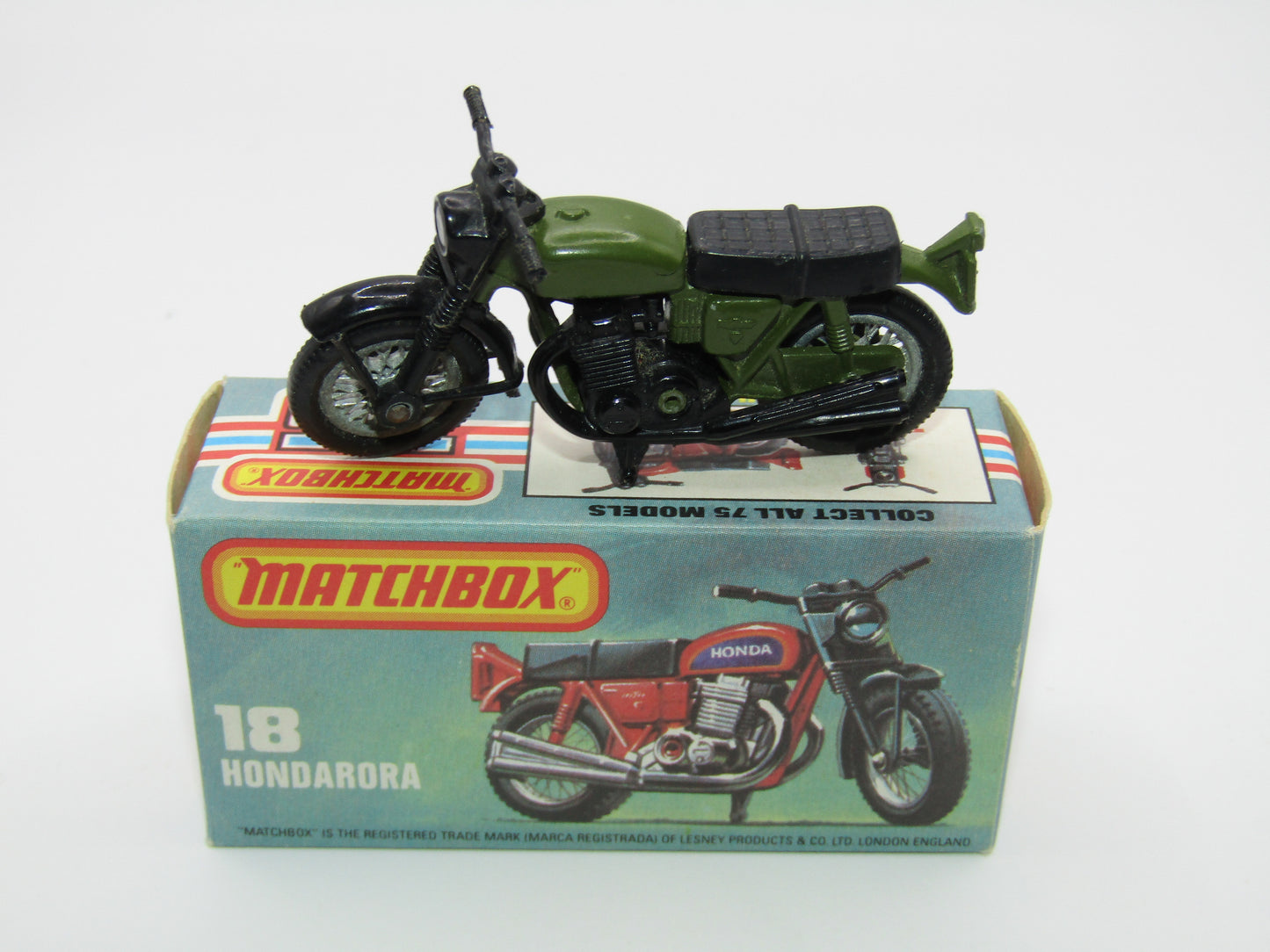 Matchbox Superfast No 18B Hondarora Motorcycle, OLIVE DRAB, No Labels, Wire Wheels
