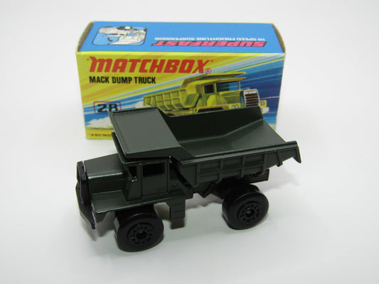 Matchbox Superfast No 28A Mack Dump Truck OLIVE DRAB with "i" Box
