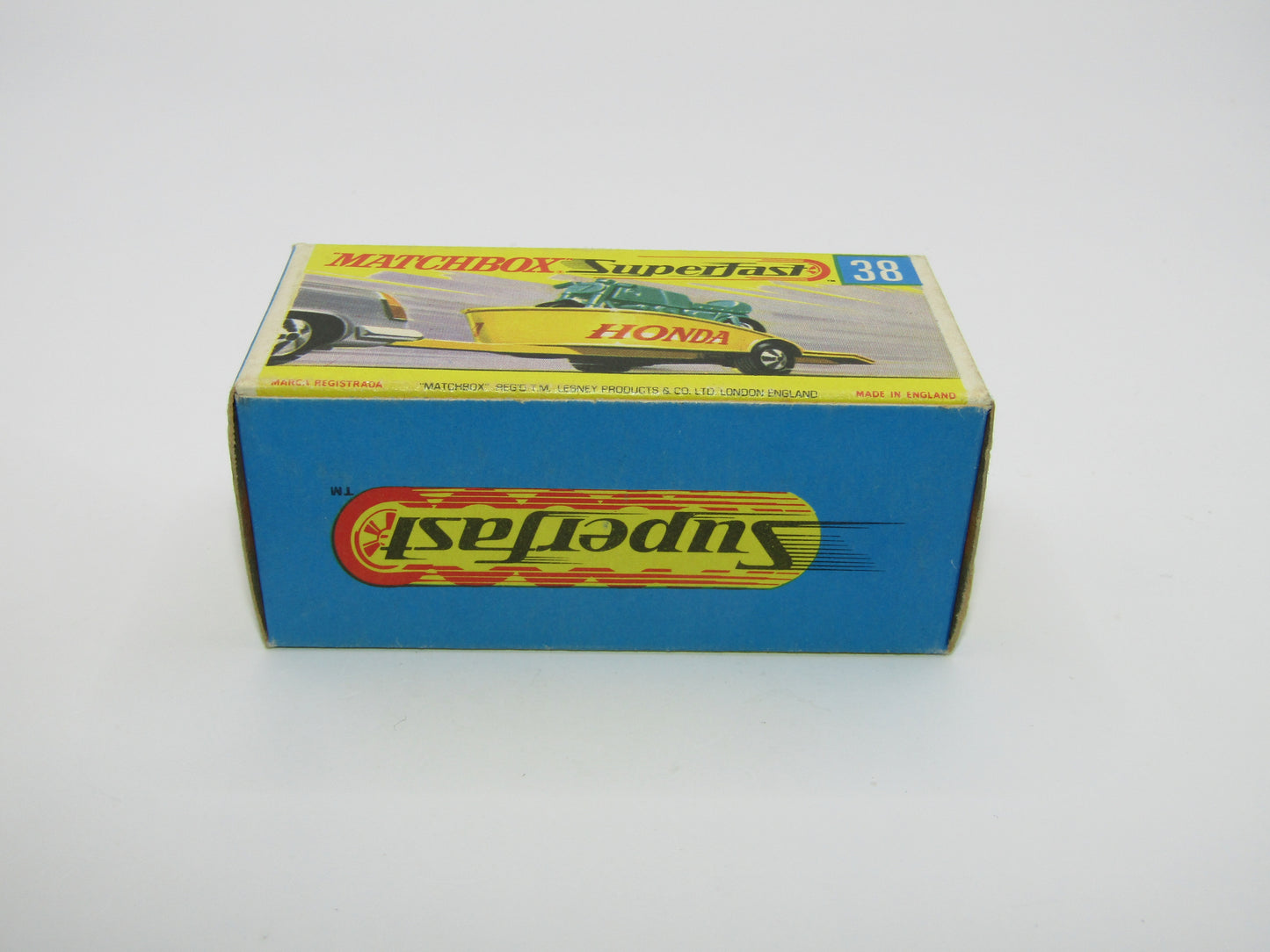 Matchbox Superfast 38A Honda Motorcycle with Trailer YELLOW No Labels Green Bike