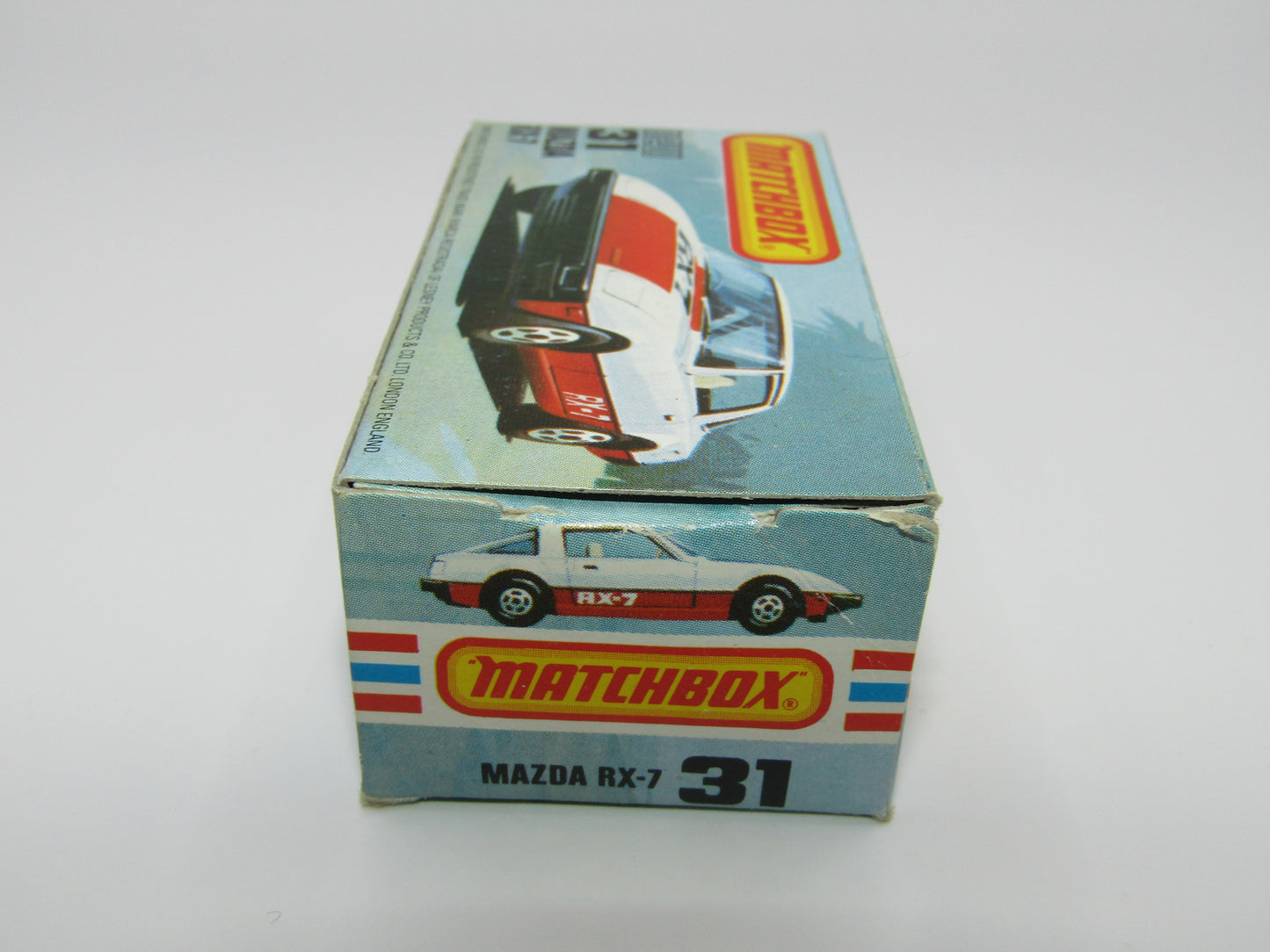 Matchbox Superfast No 31D Mazda RX-7 MALTESE CROSS Wheels Thick Red Stripe USA Picture Box