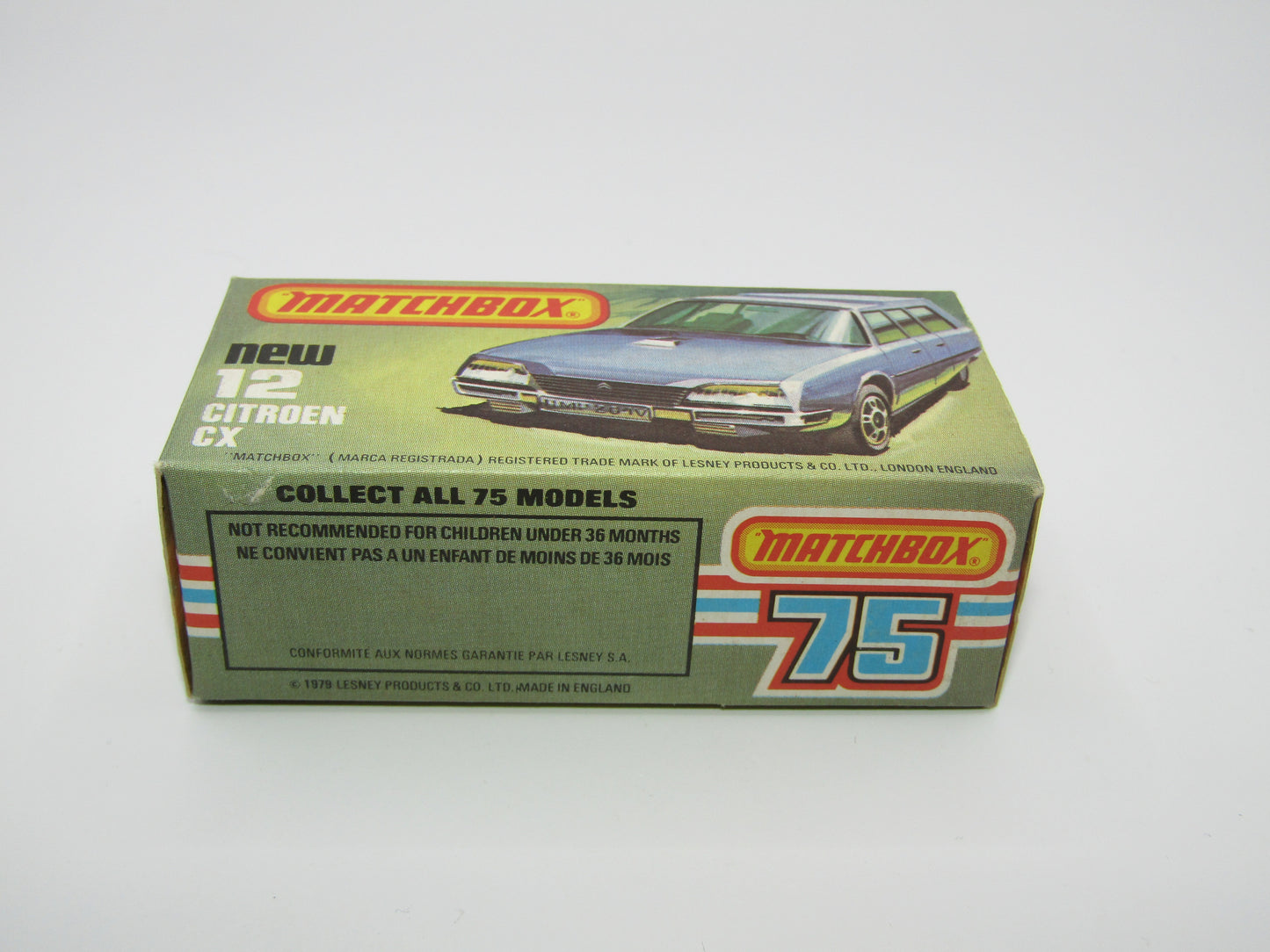 Matchbox Superfast No 12D Citroen CX Yellow, Blue & Red Tampo, CLEAR Windows SATIN BLACK BASE