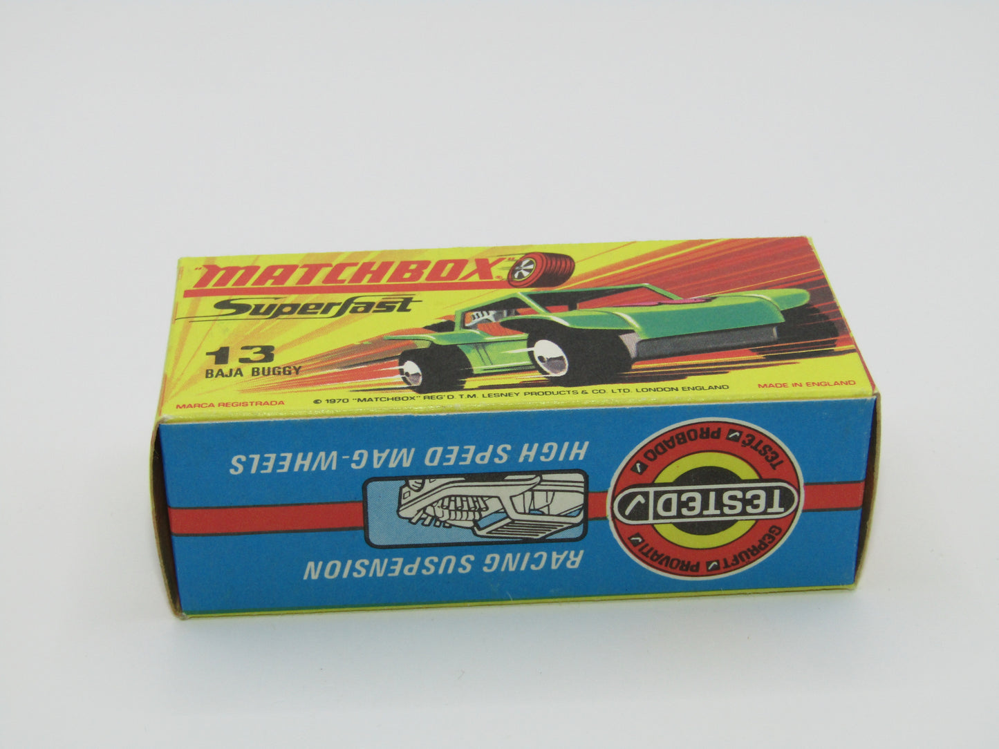 Matchbox Superfast No 13B Baja Buggy SUN LABEL RED Engine Pipes, Orange Interior