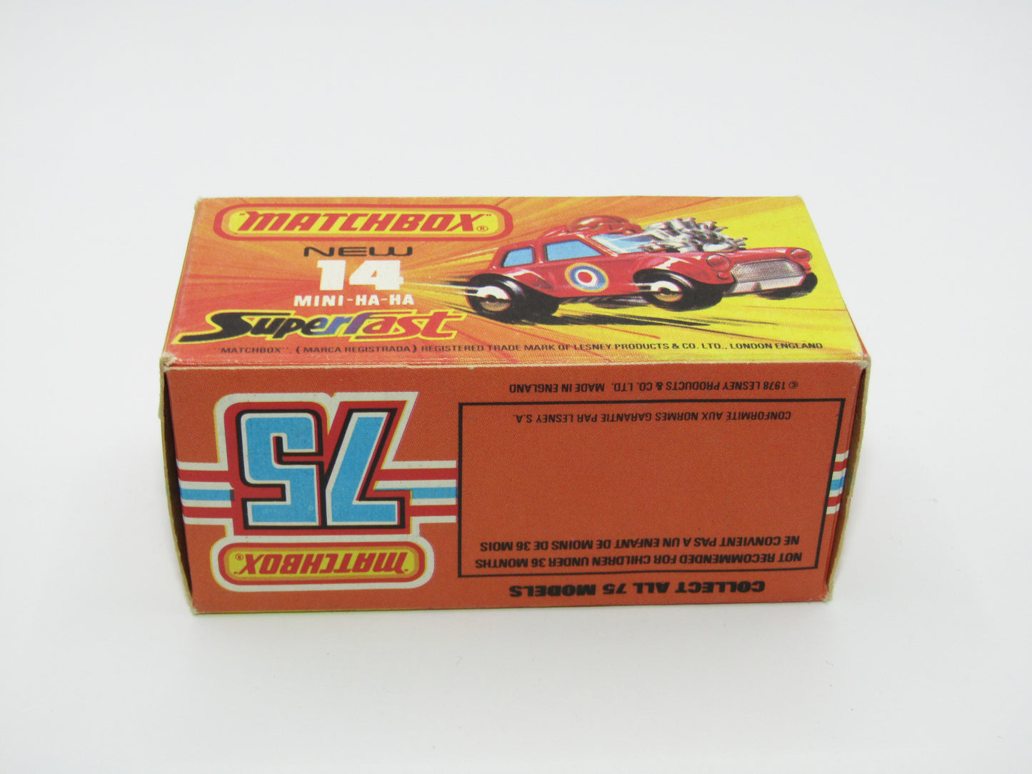 Matchbox Superfast No 14B Mini Ha-Ha DARK RED Flesh Coloured Driver, Light Brown Helmet, 4 Colour Label, Blue Windows