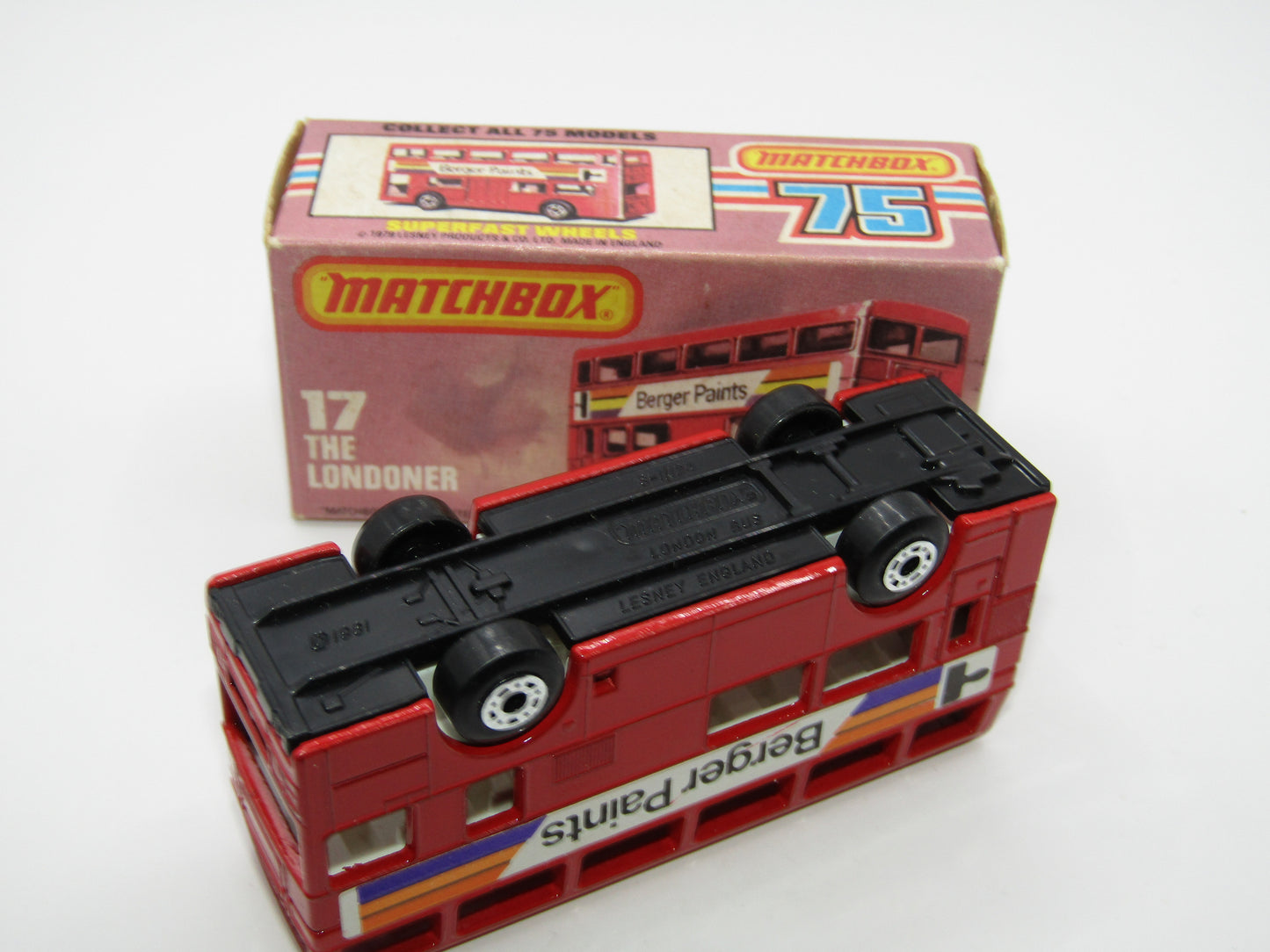 Matchbox Superfast No 17C London Bus, Red, Berger Paints, PLASTIC Base