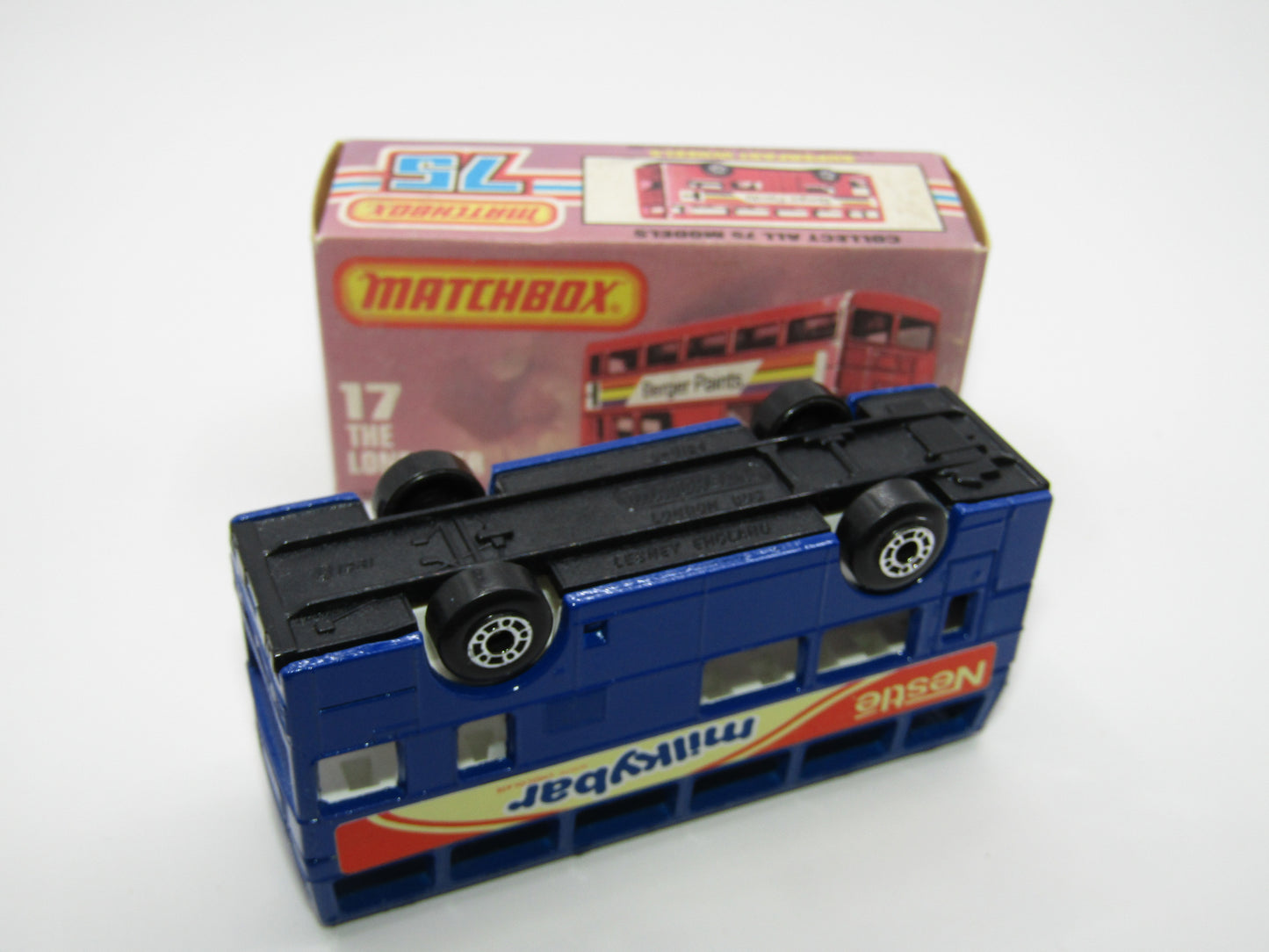 Matchbox Superfast No 17C London Bus, Blue, Nestle Milky Bar, Lesney England Base