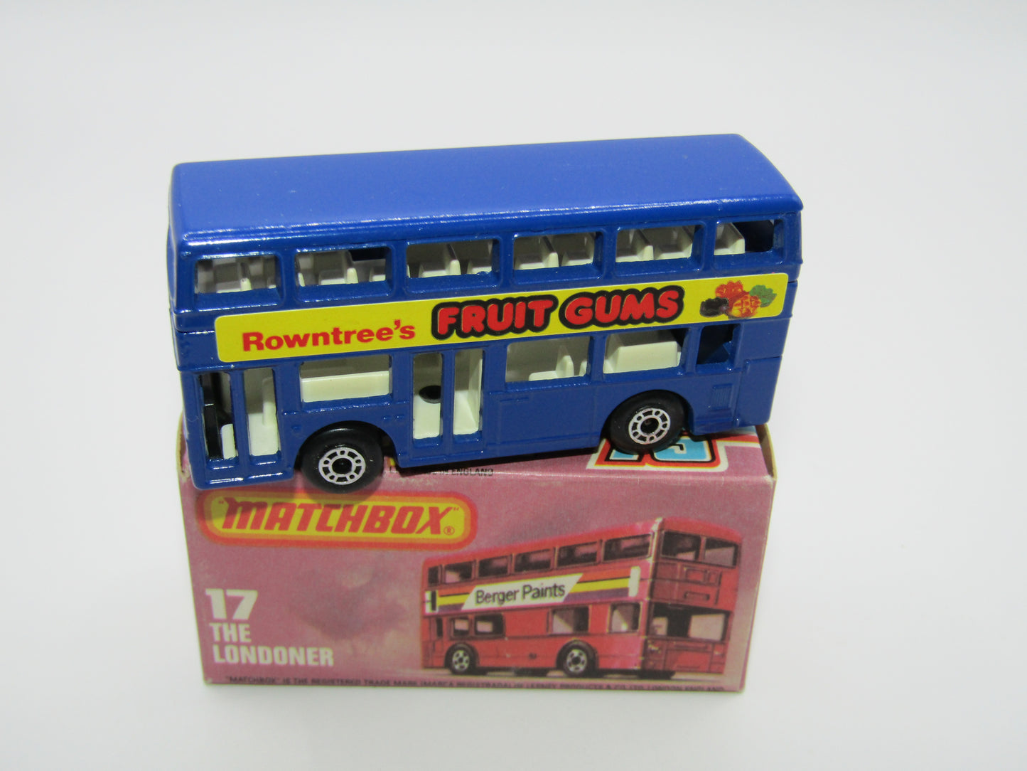 Matchbox Superfast No 17C London Bus, Blue, Rowntrees Fruit Gums, Lesney England Base