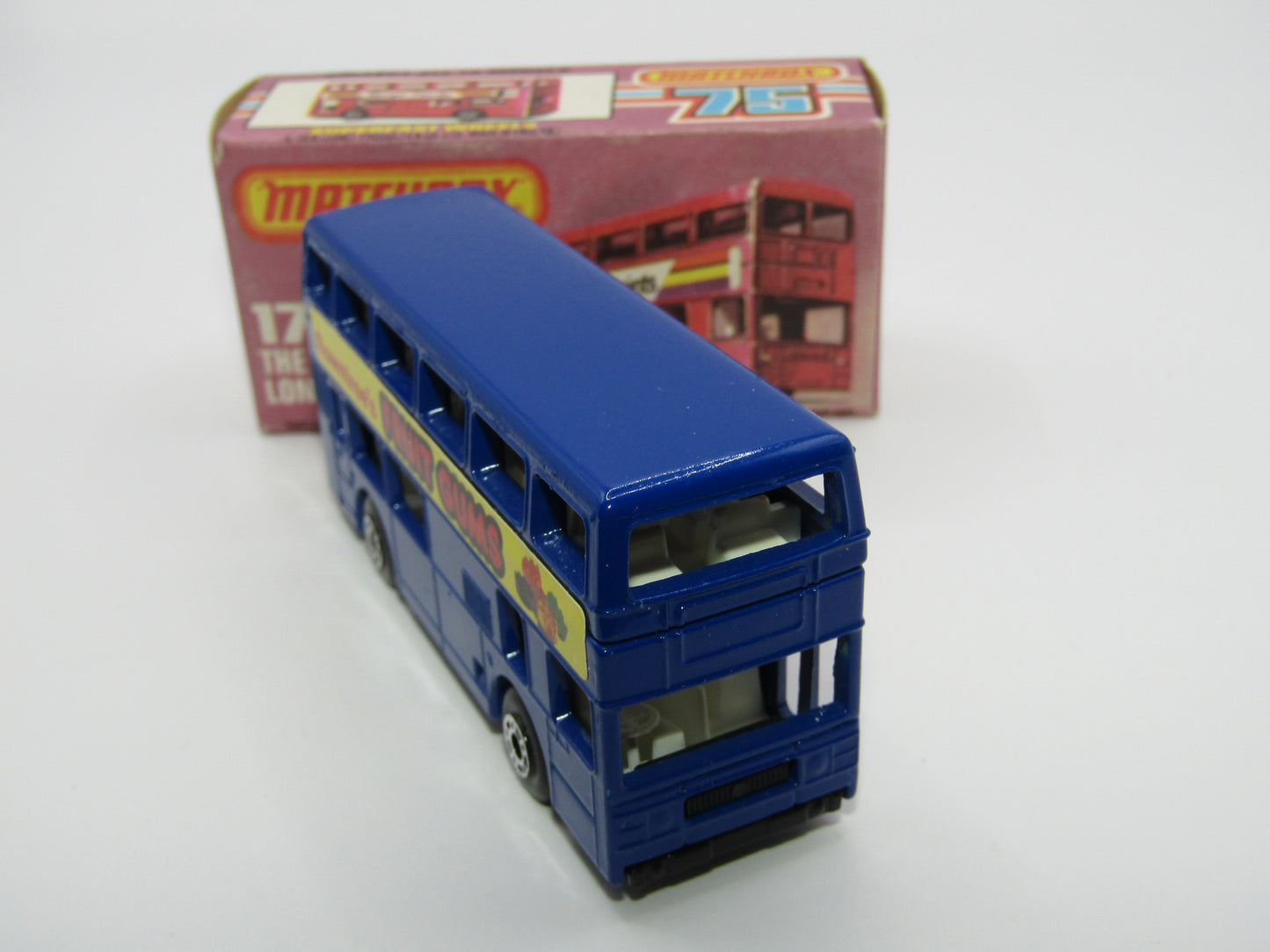 Matchbox Superfast No 17C London Bus, Blue, Rowntrees Fruit Gums, Lesney England Base