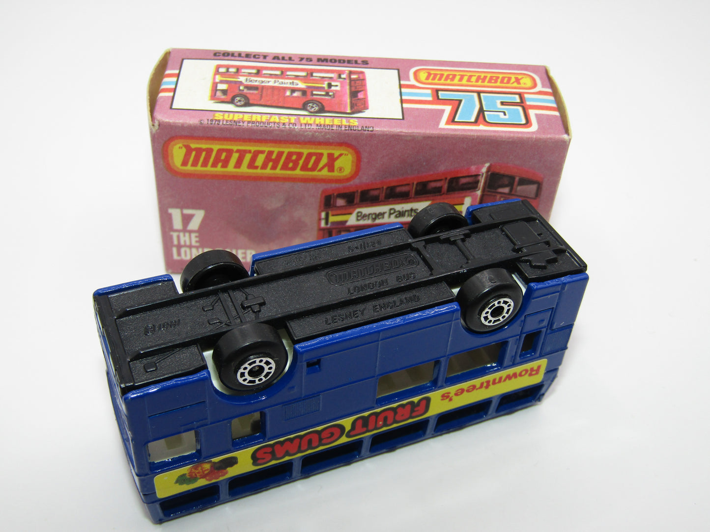Matchbox Superfast No 17C London Bus, Blue, Rowntrees Fruit Gums, Lesney England Base