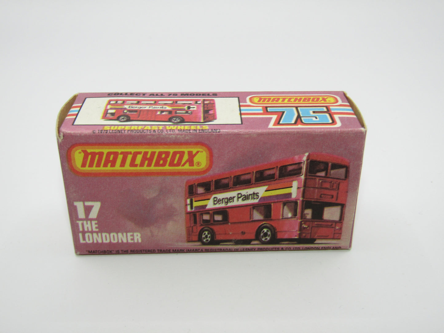Matchbox Superfast No 17C London Bus, Blue, Rowntrees Fruit Gums, Lesney England Base