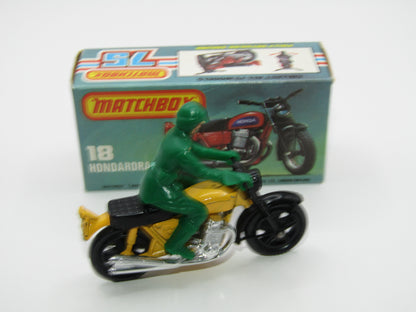 Matchbox Superfast No 18B Hondarora Motorcycle, Yellow, GREEN Rider