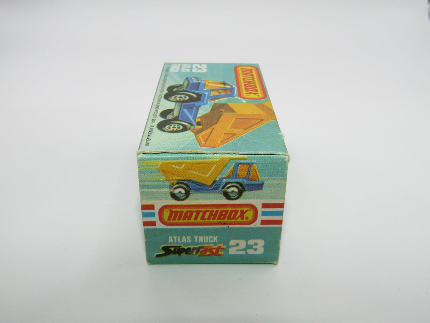 Matchbox Superfast No 23B Atlas Dump Truck AMB Win Dot Dash Silver Base