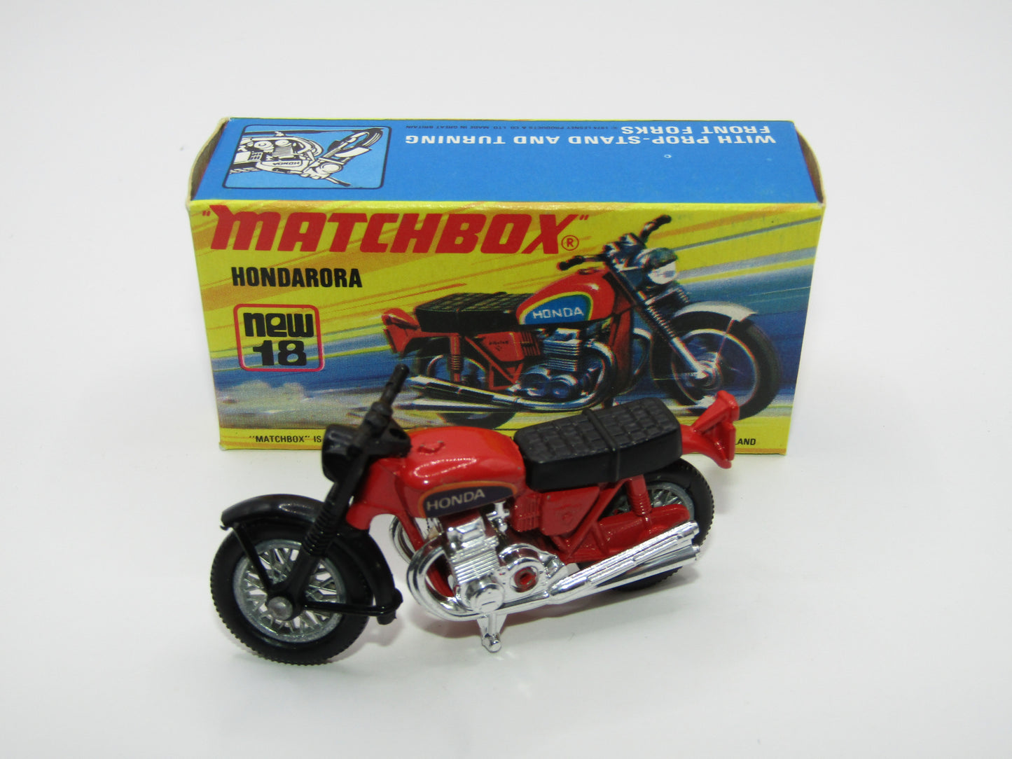 Matchbox Superfast No 18B Hondarora Motorcycle, DARK Red, Labels, Wire Wheels