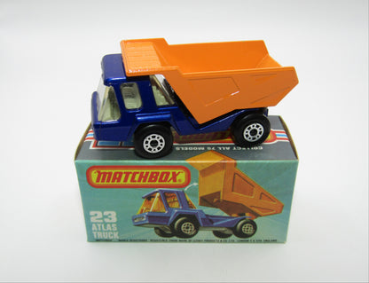Matchbox Superfast No 23B Atlas Dump Truck Dot Dash Wheels Silver Base