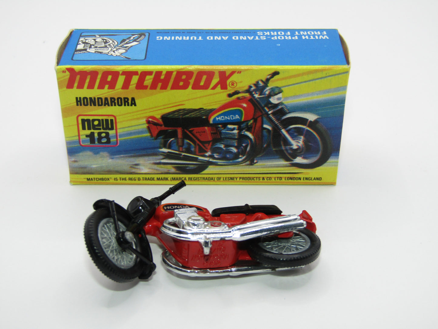 Matchbox Superfast No 18B Hondarora Motorcycle, DARK Red, Labels, Wire Wheels