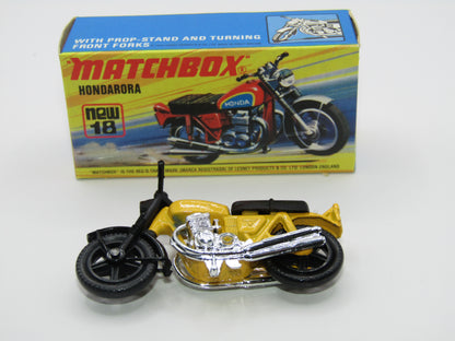 Matchbox Superfast No 18B Hondarora Motorcycle, Dark Yellow, No Labels, Wire Wheels