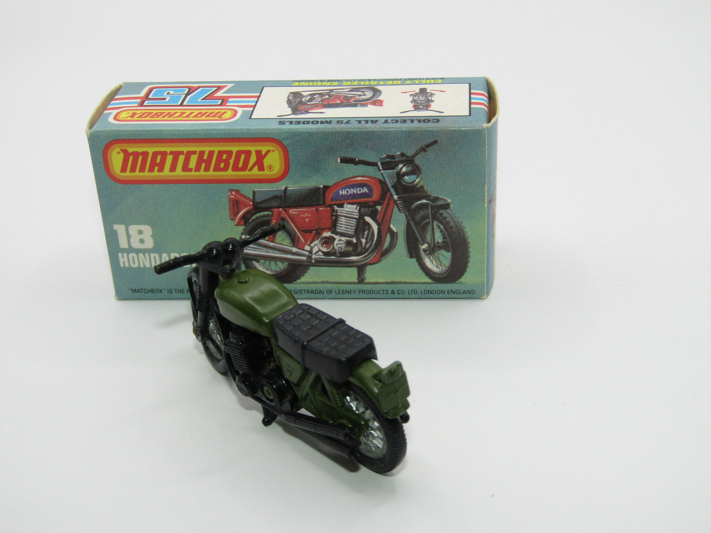 Matchbox Superfast No 18B Hondarora Motorcycle, OLIVE GREEN, No Labels, Wire Wheels