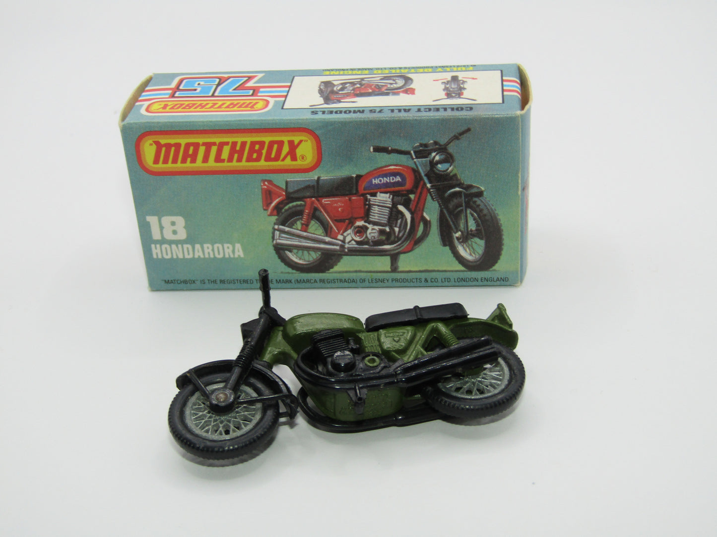 Matchbox Superfast No 18B Hondarora Motorcycle, OLIVE GREEN, No Labels, Wire Wheels