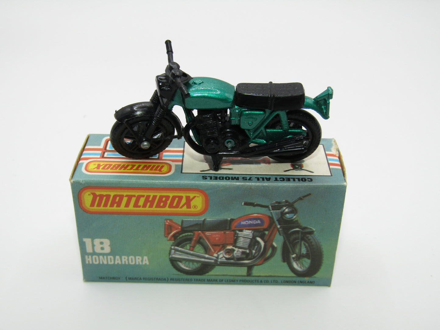 Matchbox Superfast No 18B Hondarora Motorcycle, Metallic Green, BLACK Engine, Mag Wheels