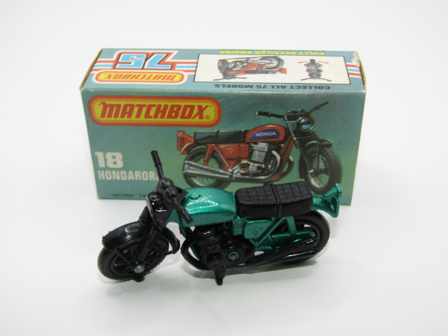 Matchbox Superfast No 18B Hondarora Motorcycle, Metallic Green, BLACK Engine, Mag Wheels