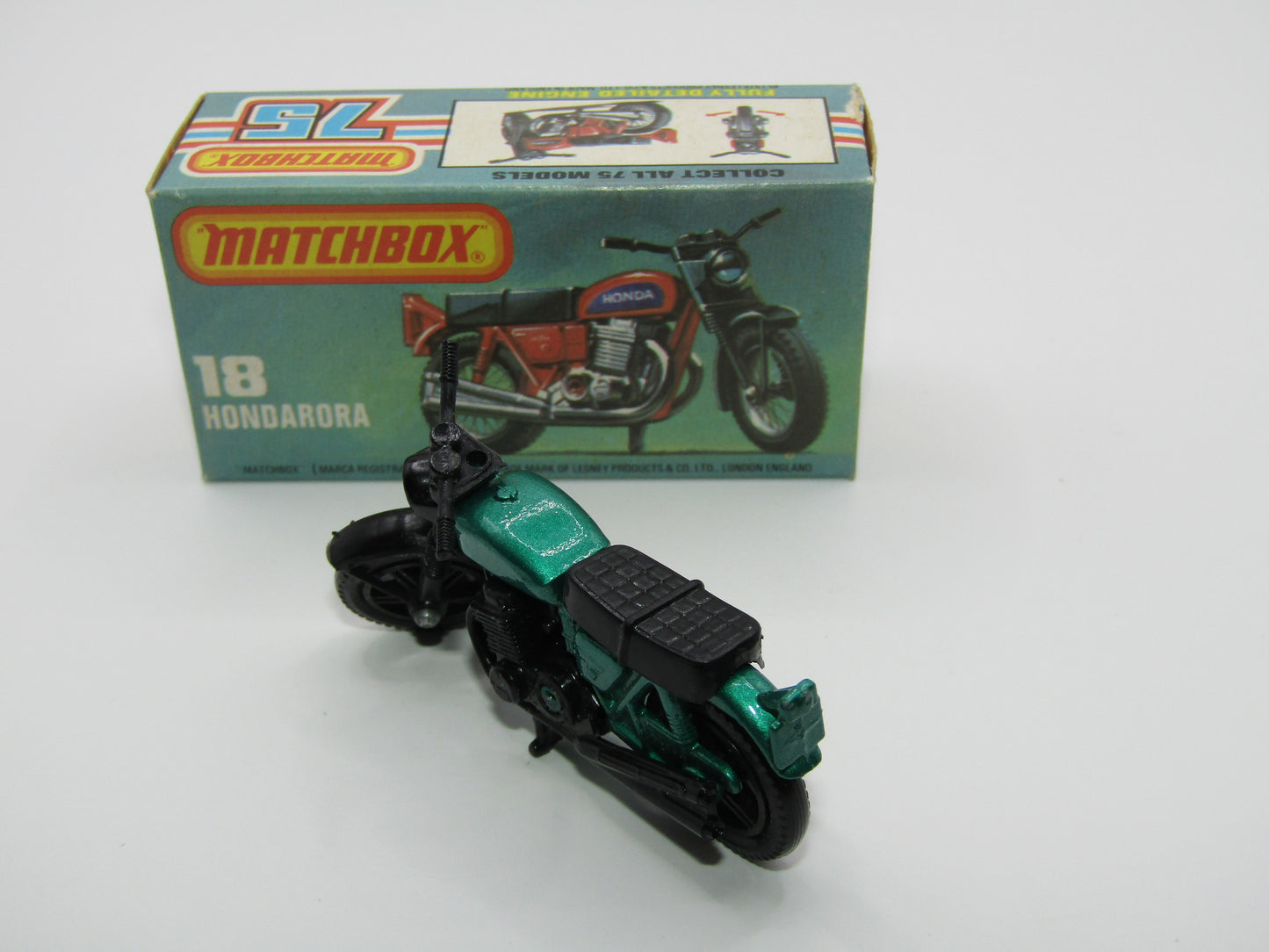Matchbox Superfast No 18B Hondarora Motorcycle, Metallic Green, BLACK Engine, Mag Wheels