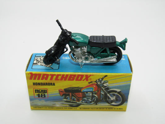 Matchbox Superfast No 18B Hondarora Motorcycle, Metallic Green, GREY SEAT, Mag Wheels