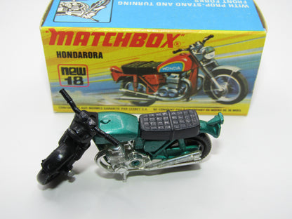 Matchbox Superfast No 18B Hondarora Motorcycle, Metallic Green, GREY SEAT, Mag Wheels