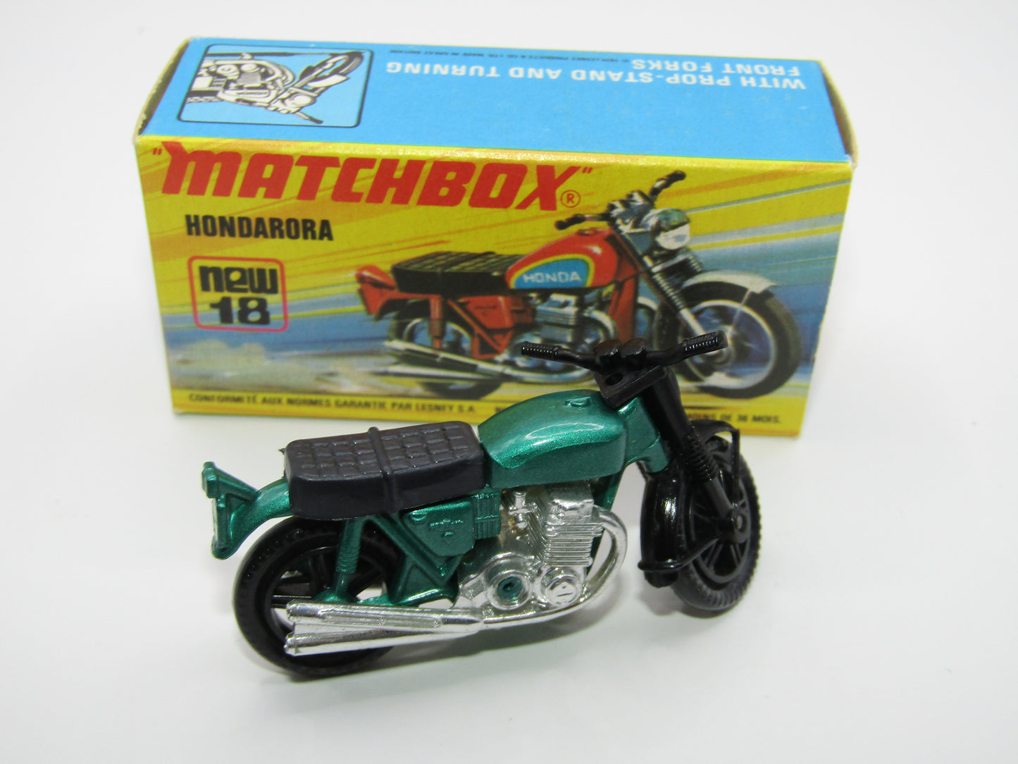 Matchbox Superfast No 18B Hondarora Motorcycle, Metallic Green, GREY SEAT, Mag Wheels