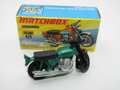 Matchbox Superfast No 18B Hondarora Motorcycle, Metallic Green, GREY SEAT, Mag Wheels