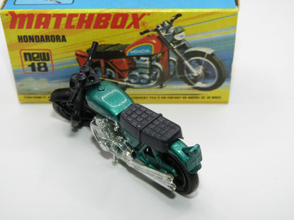 Matchbox Superfast No 18B Hondarora Motorcycle, Metallic Green, GREY SEAT, Mag Wheels