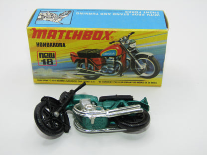 Matchbox Superfast No 18B Hondarora Motorcycle, Metallic Green, GREY SEAT, Mag Wheels