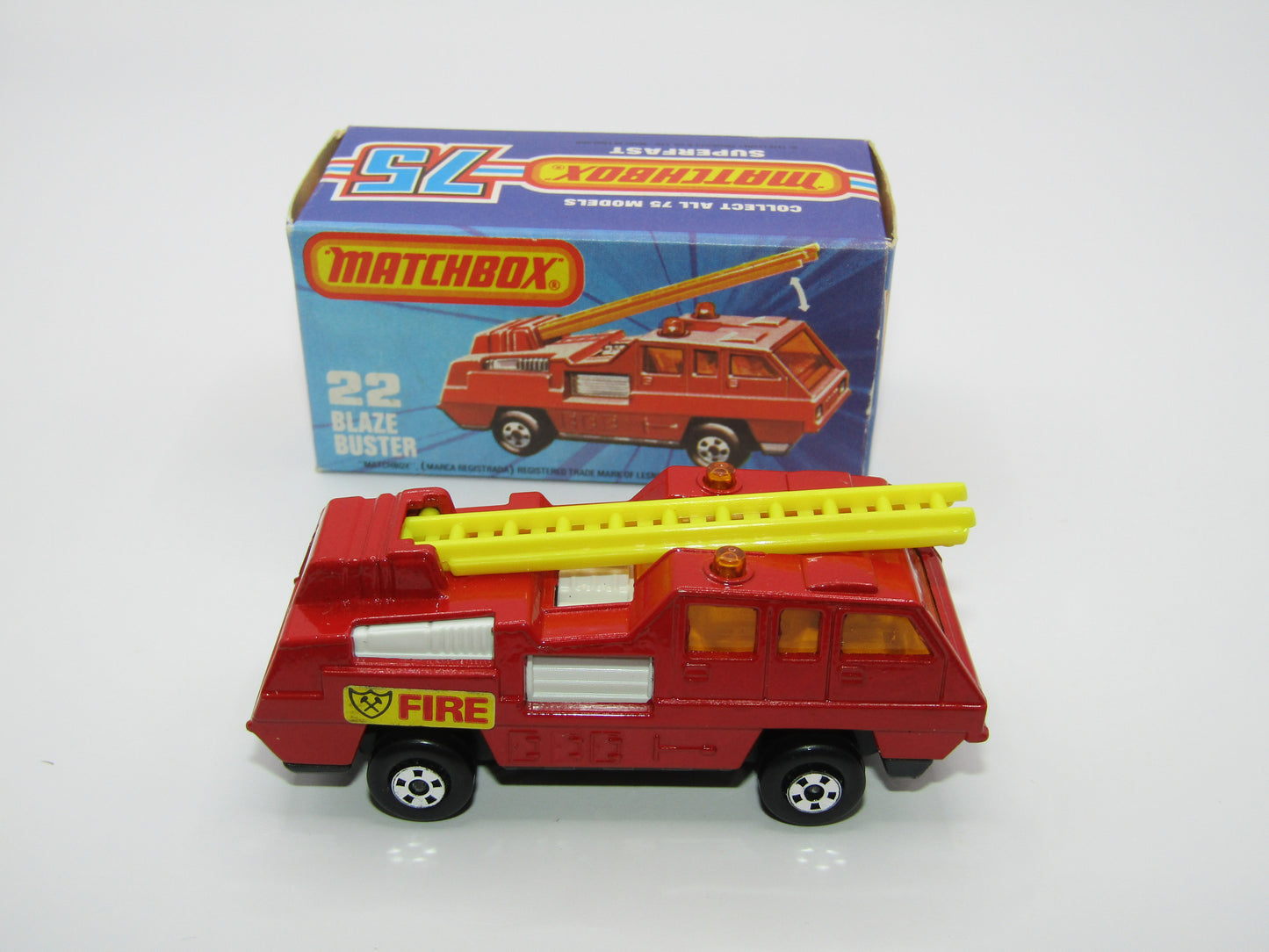 Matchbox Superfast No 22C Blaze Buster, Yellow Ladder, White Interior, FLAT GREY base