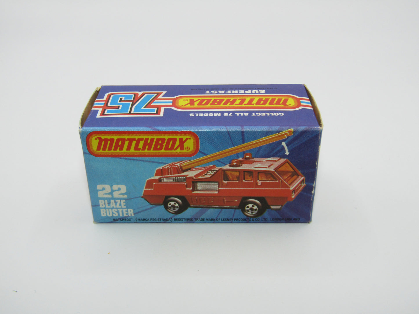 Matchbox Superfast No 22C Blaze Buster, Yellow Ladder, White Interior, FLAT GREY base