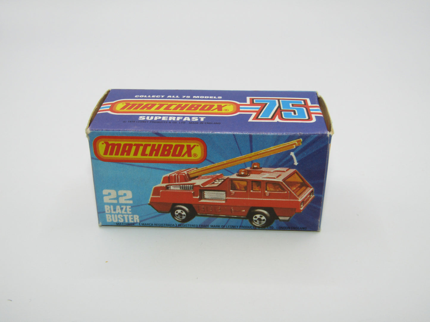 Matchbox Superfast No 22C Blaze Buster, Yellow Ladder, White Interior, FLAT GREY base