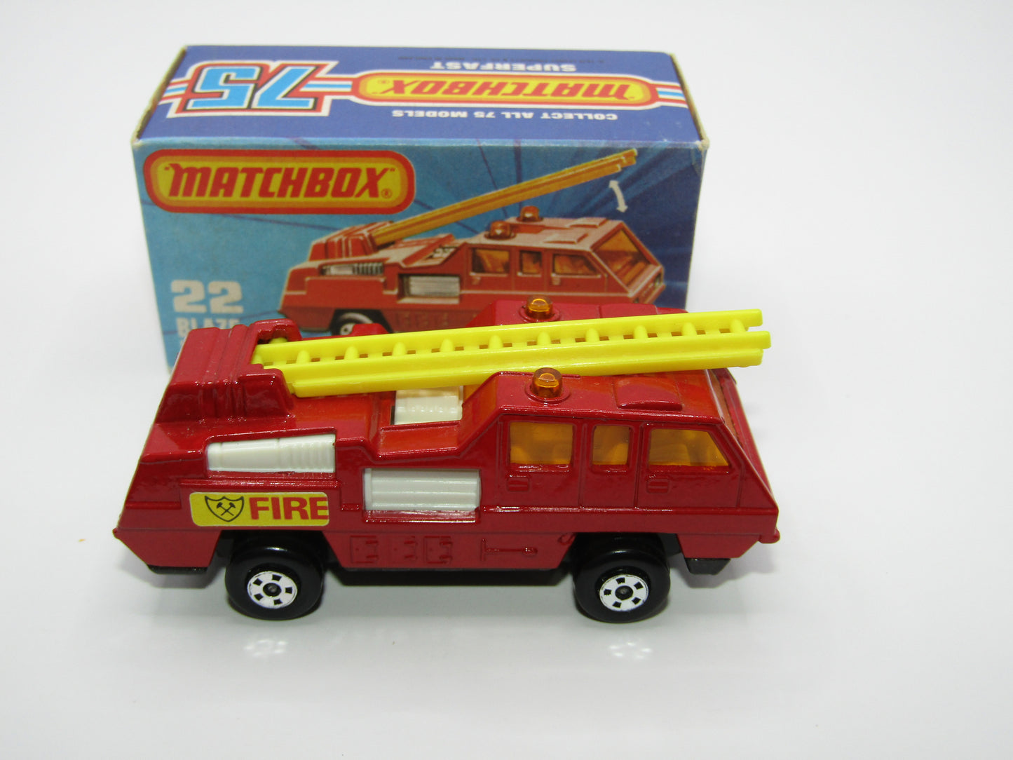 Matchbox Superfast No 22C Blaze Buster, Yellow Ladder, White Interior, Metallic Charcoal Grey Base