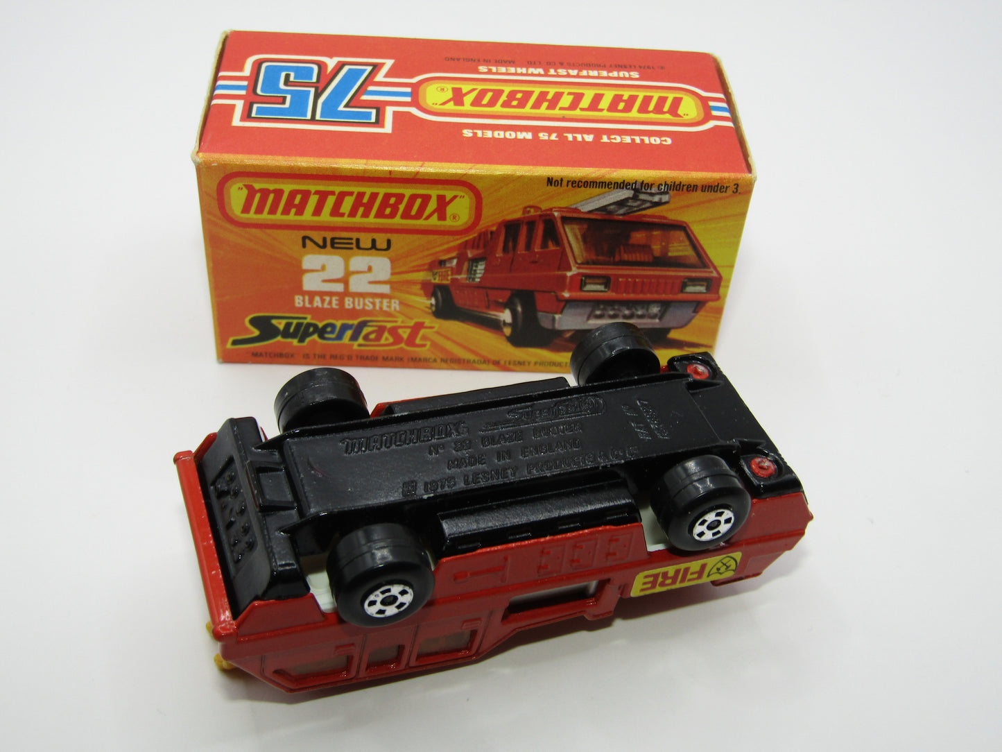 Matchbox Superfast No 22C Blaze Buster, DULL ORANGE-RED Body, DARK YELLOW Ladder, Gloss Black Base