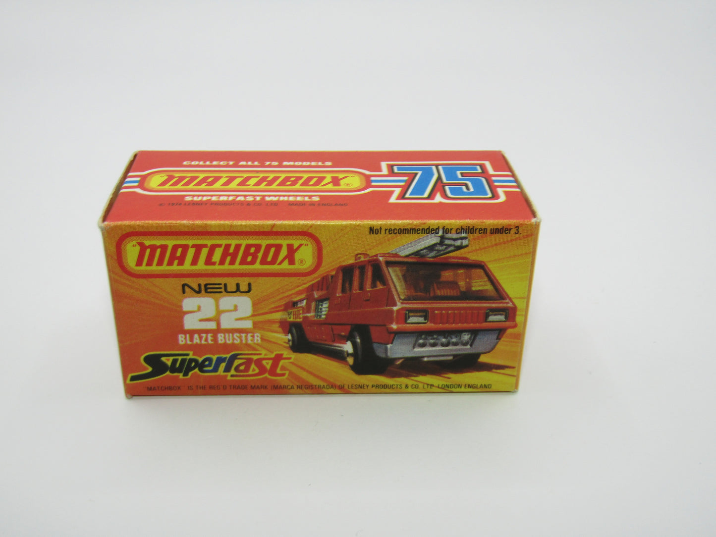 Matchbox Superfast No 22C Blaze Buster, DULL ORANGE-RED Body, DARK YELLOW Ladder, Gloss Black Base