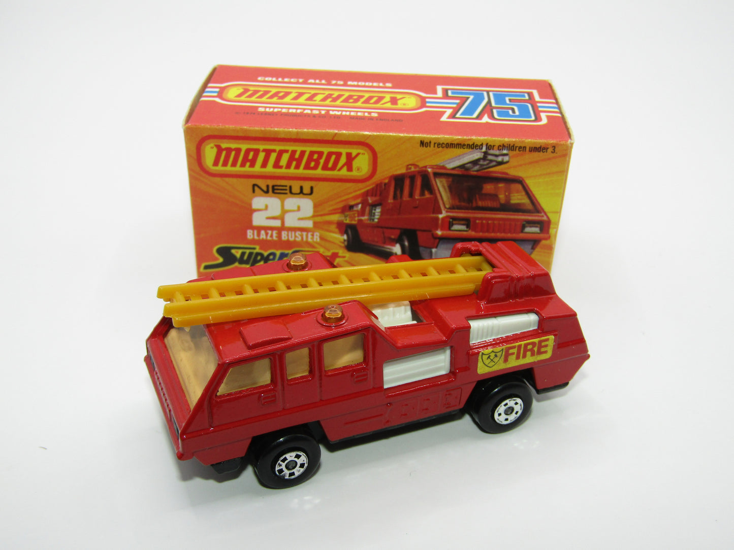 Matchbox Superfast No 22C Blaze Buster, Red, White Interior, DARK ORANGE Ladder, FLAT BLACK base
