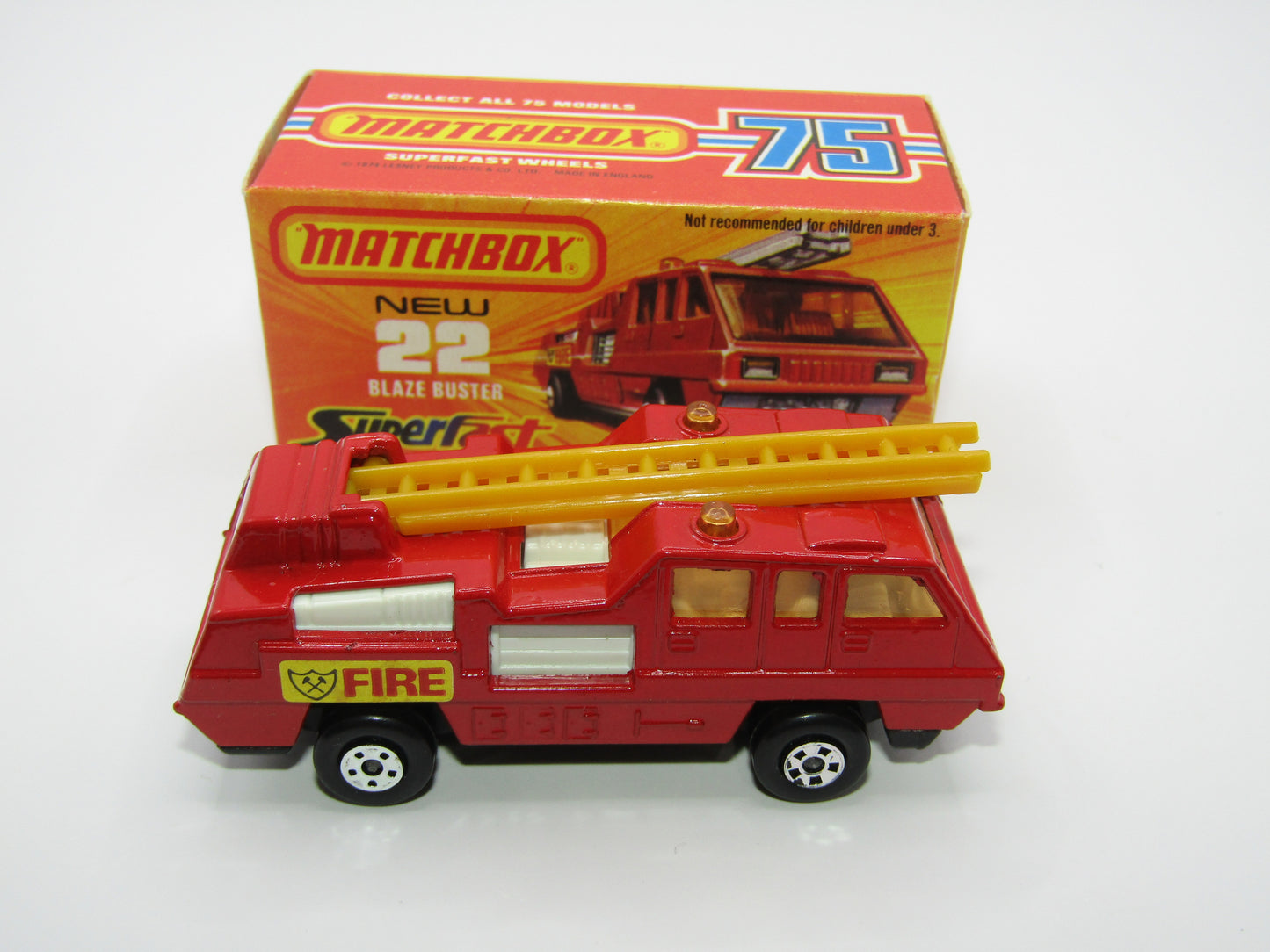 Matchbox Superfast No 22C Blaze Buster, Red, White Interior, DARK ORANGE Ladder, FLAT BLACK base