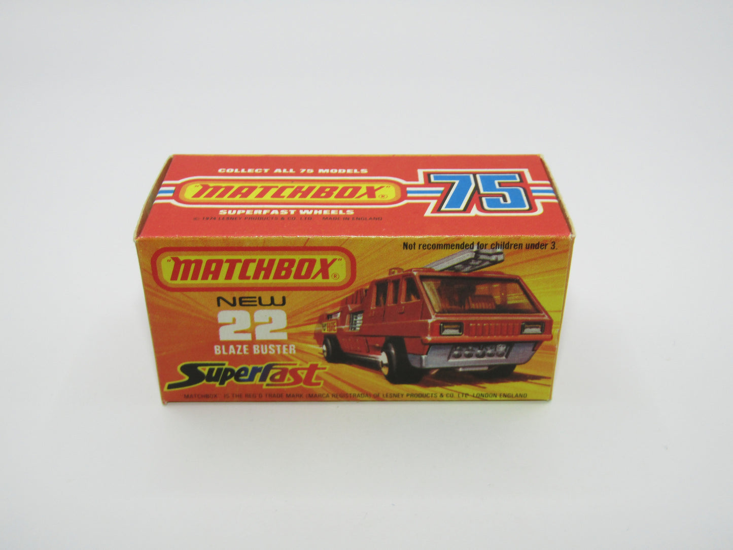 Matchbox Superfast No 22C Blaze Buster, Red, White Interior, DARK ORANGE Ladder, FLAT BLACK base