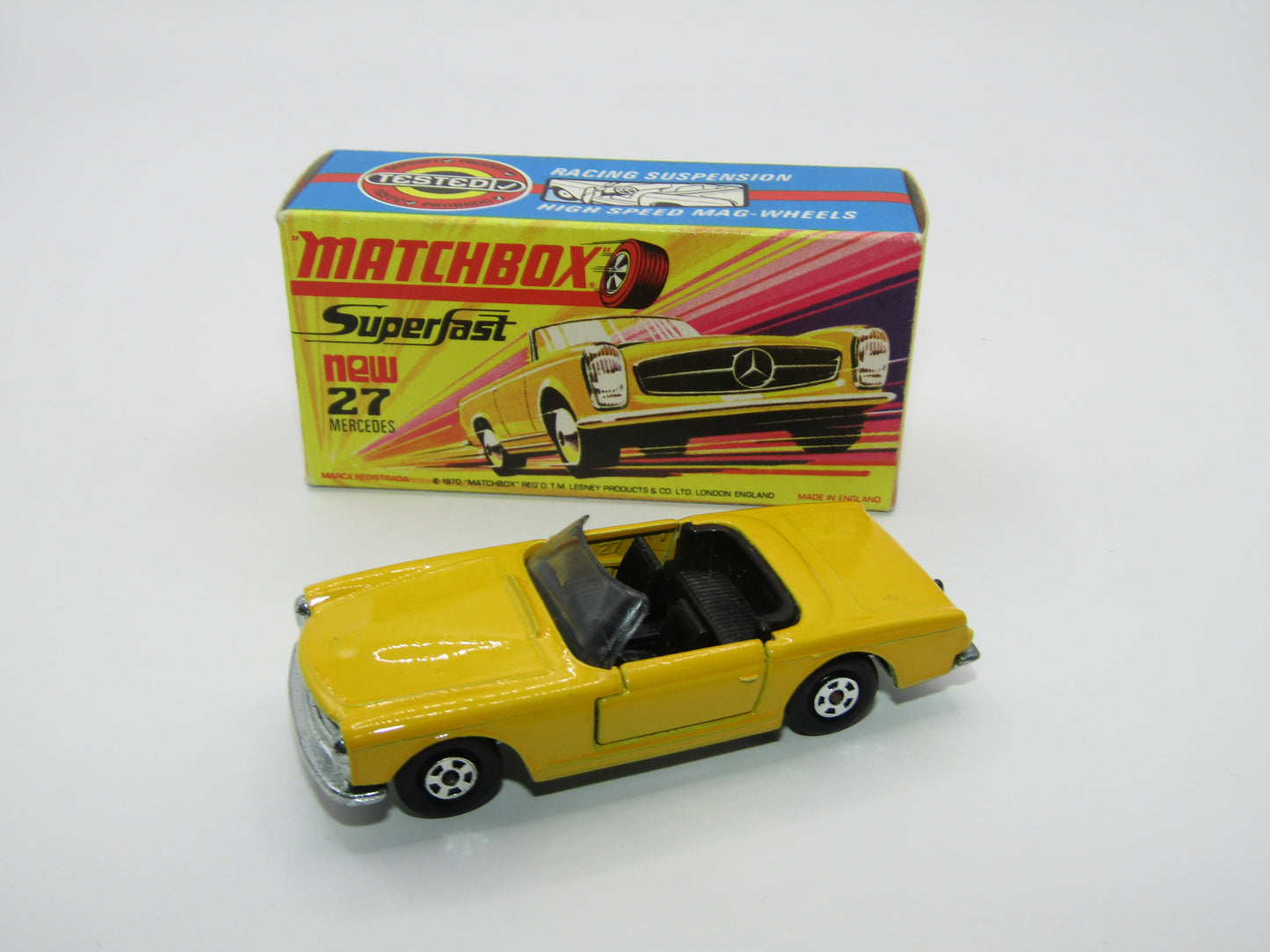 Matchbox Superfast No 27A Mercedes 230SL Yellow, Narrow Wheels, HIGH WHEEL ARCHES