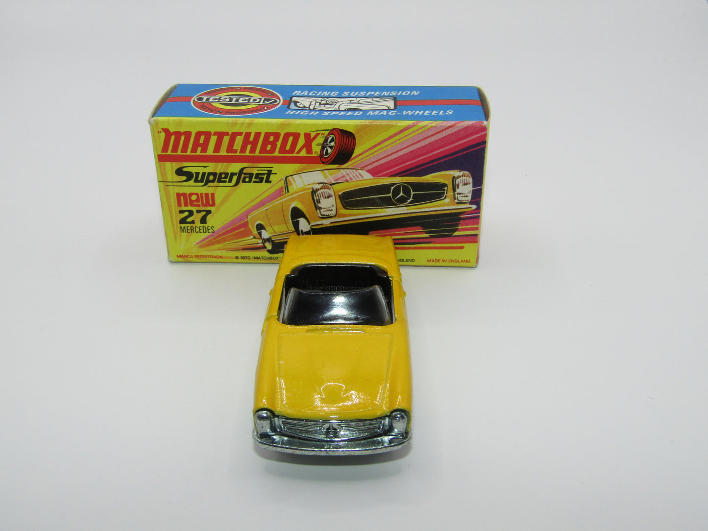 Matchbox Superfast No 27A Mercedes 230SL Yellow, Narrow Wheels, HIGH WHEEL ARCHES