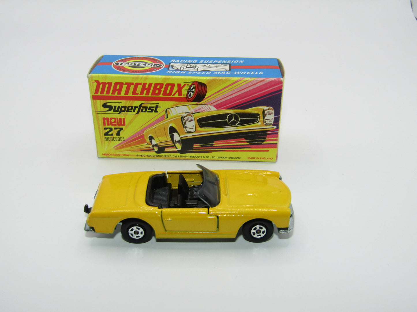 Matchbox Superfast No 27A Mercedes 230SL Yellow, Narrow Wheels, HIGH WHEEL ARCHES