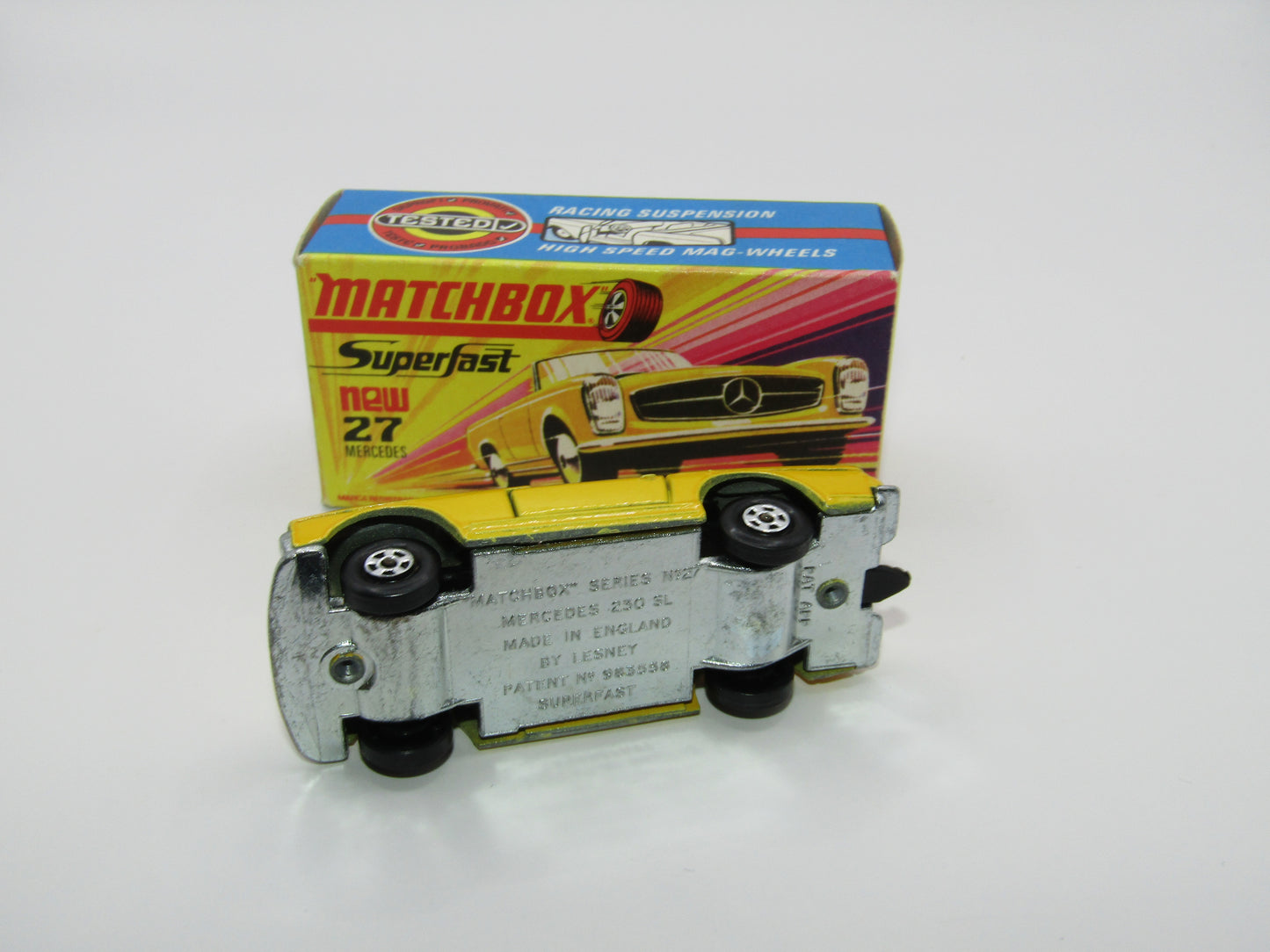 Matchbox Superfast No 27A Mercedes 230SL Yellow, Narrow Wheels, HIGH WHEEL ARCHES