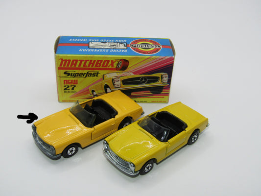 Matchbox Superfast No 27A Mercedes 230SL VERY DARK YELLOW, Black Interior, 5 Spoke Small Slot Wheels