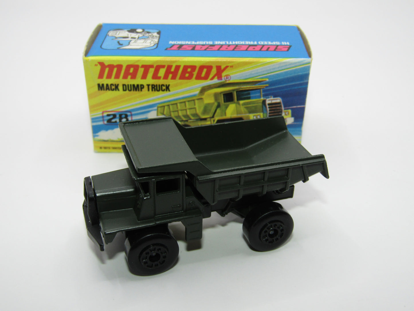 Matchbox Superfast No 28A Mack Dump Truck OLIVE DRAB with "i" Box