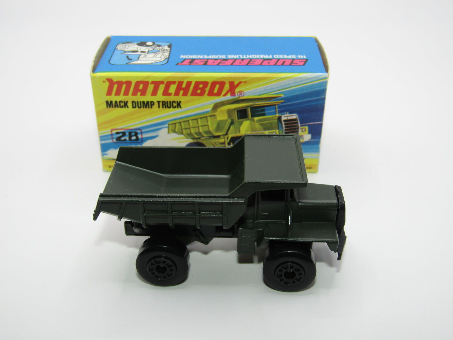 Matchbox Superfast No 28A Mack Dump Truck OLIVE DRAB with "i" Box