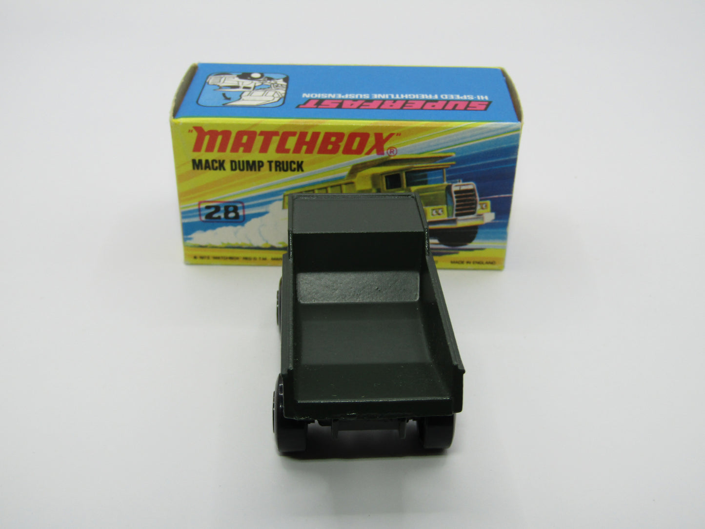 Matchbox Superfast No 28A Mack Dump Truck OLIVE DRAB with "i" Box