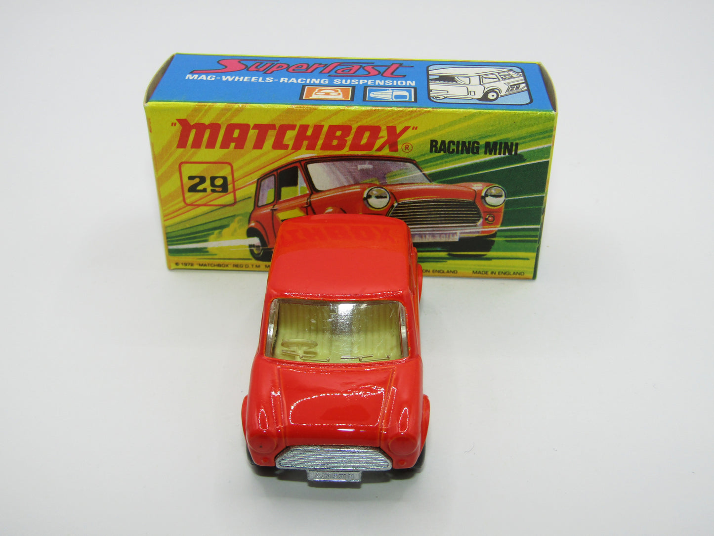 Matchbox Superfast No 29B Racing Mini Orange NO LABELS Yellow Interior