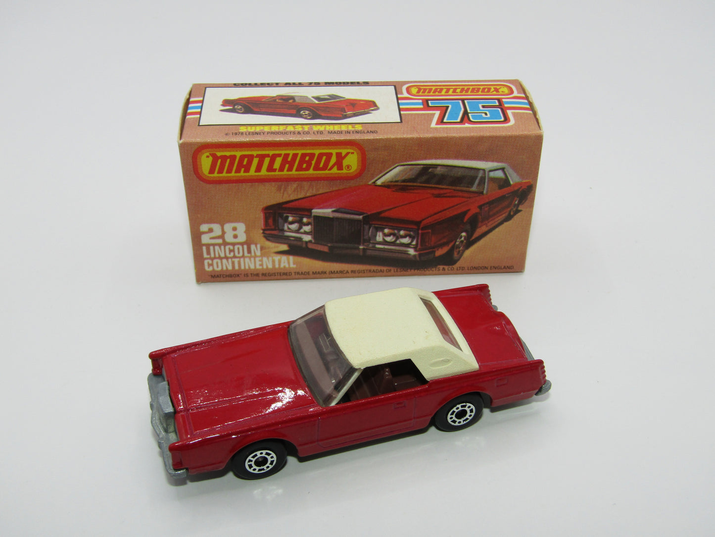 Matchbox Superfast No 28C Lincoln Continental, DARK Pinkish Red, CHOCOLATE Interior