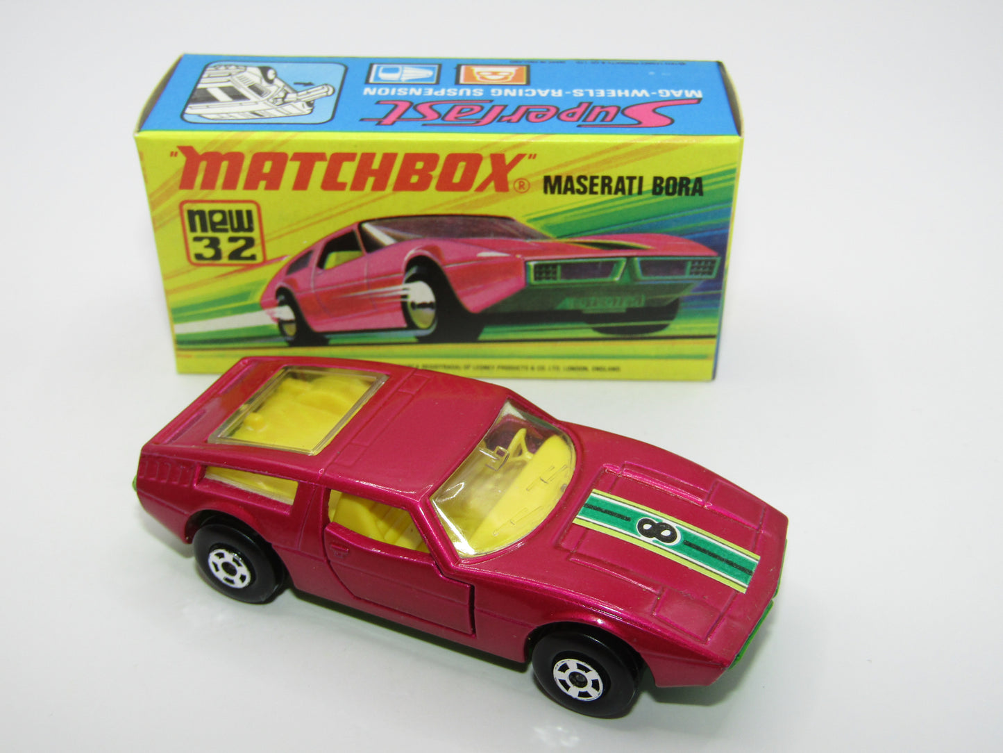 Matchbox Superfast No 32B Maserati Bora Magenta Red 5 Spoke Wide Slot Wheels